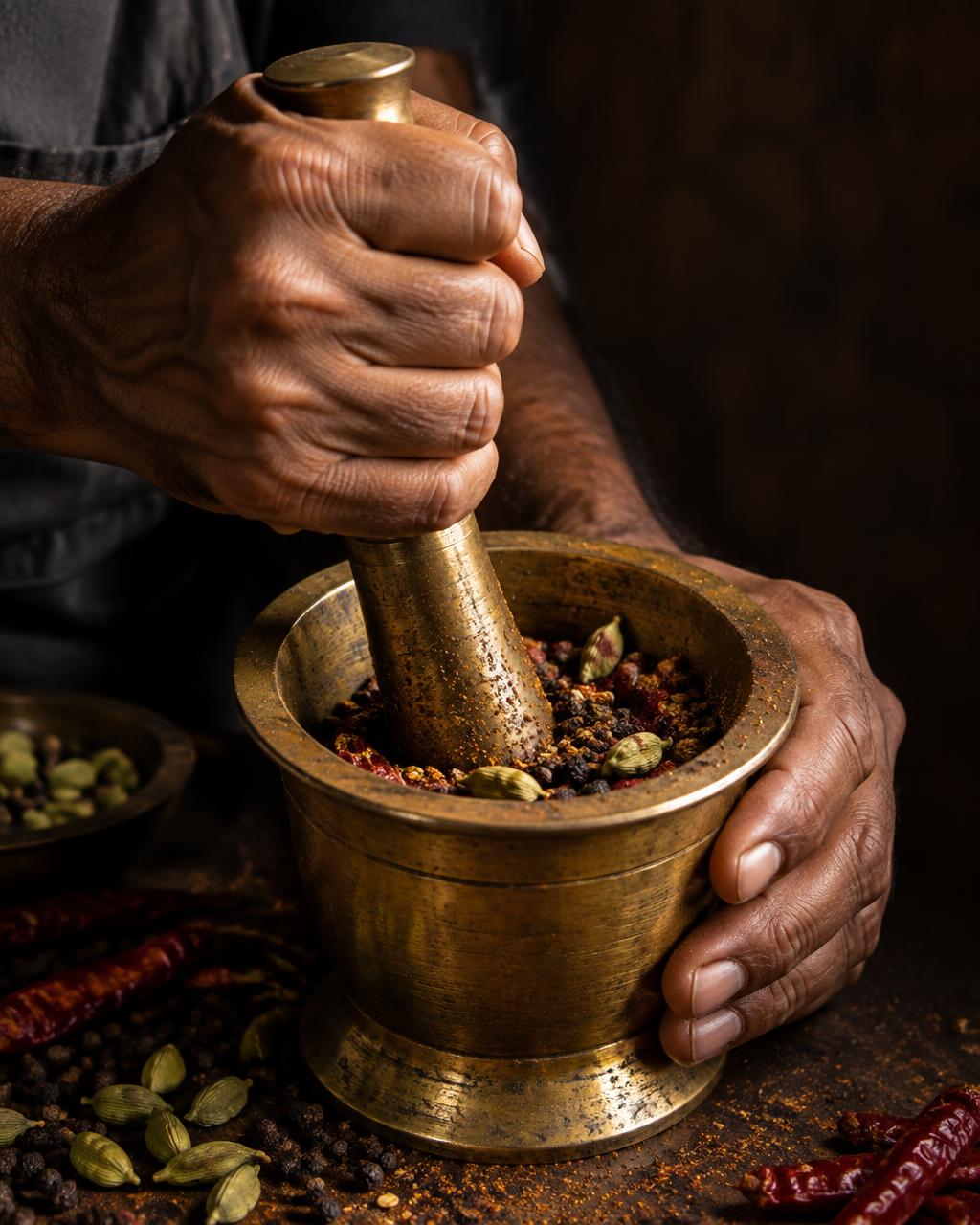 A cook grinding cardamom, peppercorns and dried chilli in a brass mortar
